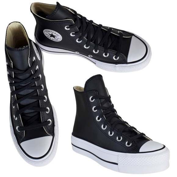 New Converse chuck taylor lift black leather lace up platform high top sneakers - Picture 2 of 16